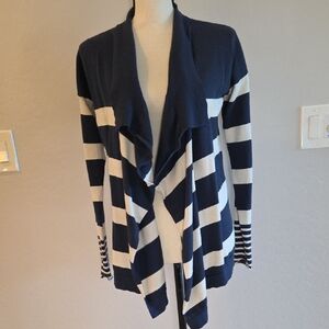 LOFT Navy and Cream Striped Layer Cut Cardigan Size Small Y2K One Owner